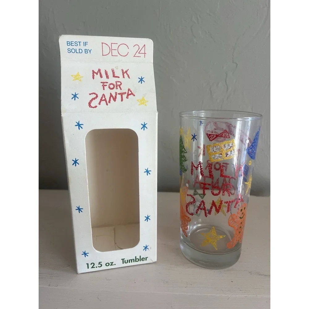 Milk for Santa Tumbler Glass Cup Vintage Anchor Hocking NEW Box Christmas 12 oz